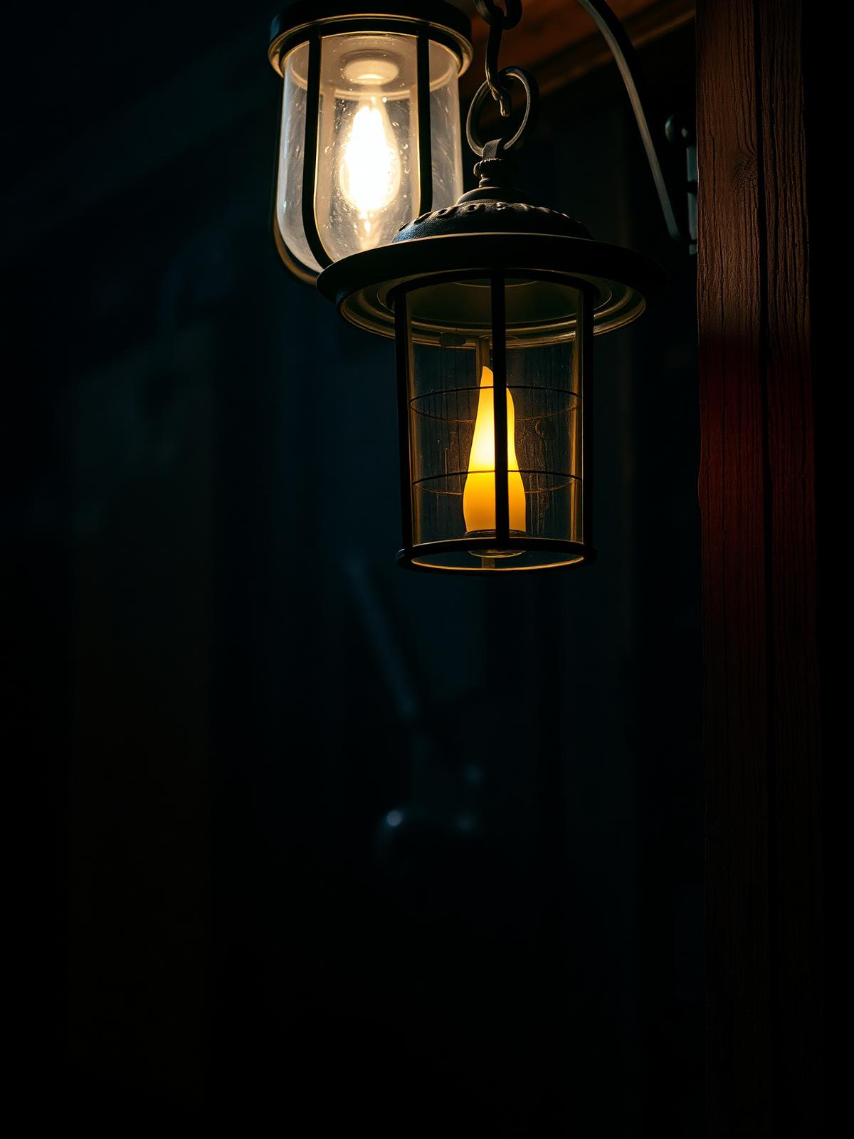 A single wrought-iron colonial lantern glowing in the dark
