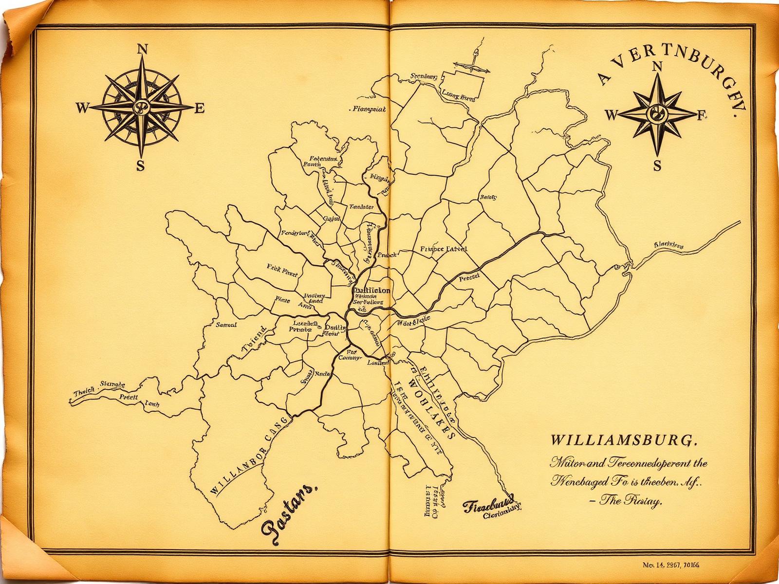 Antique hand-drawn map of colonial Williamsburg